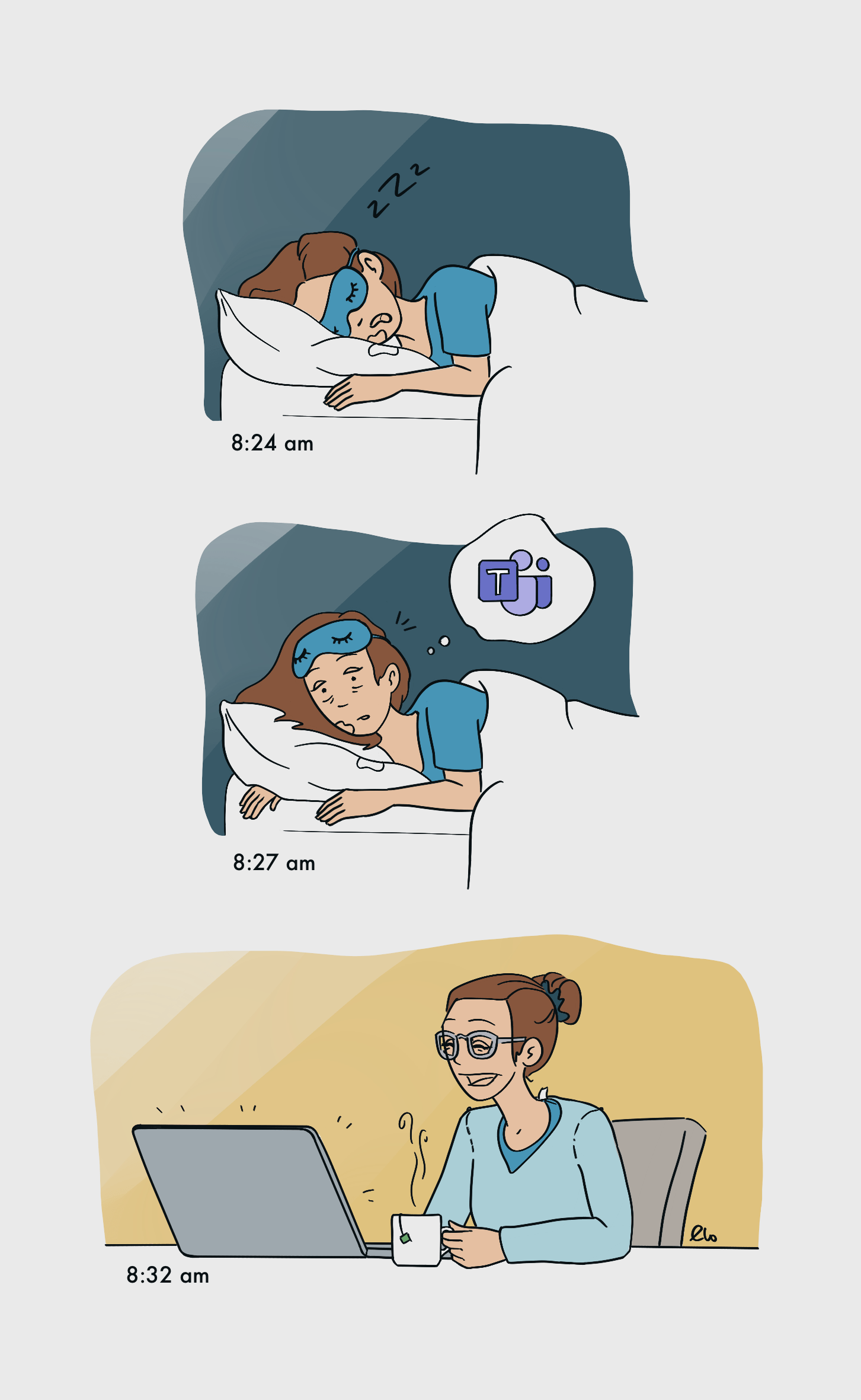 Illustration — a late wake-up working from home